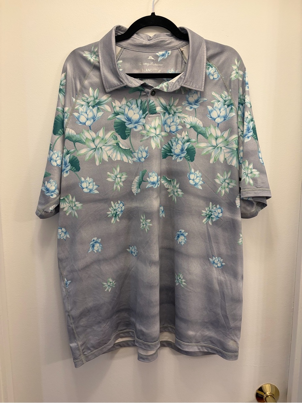 Tommy Bahama IslandZone Polo Shirt Mens XXL Gray Blue Floral Performance 2XL
